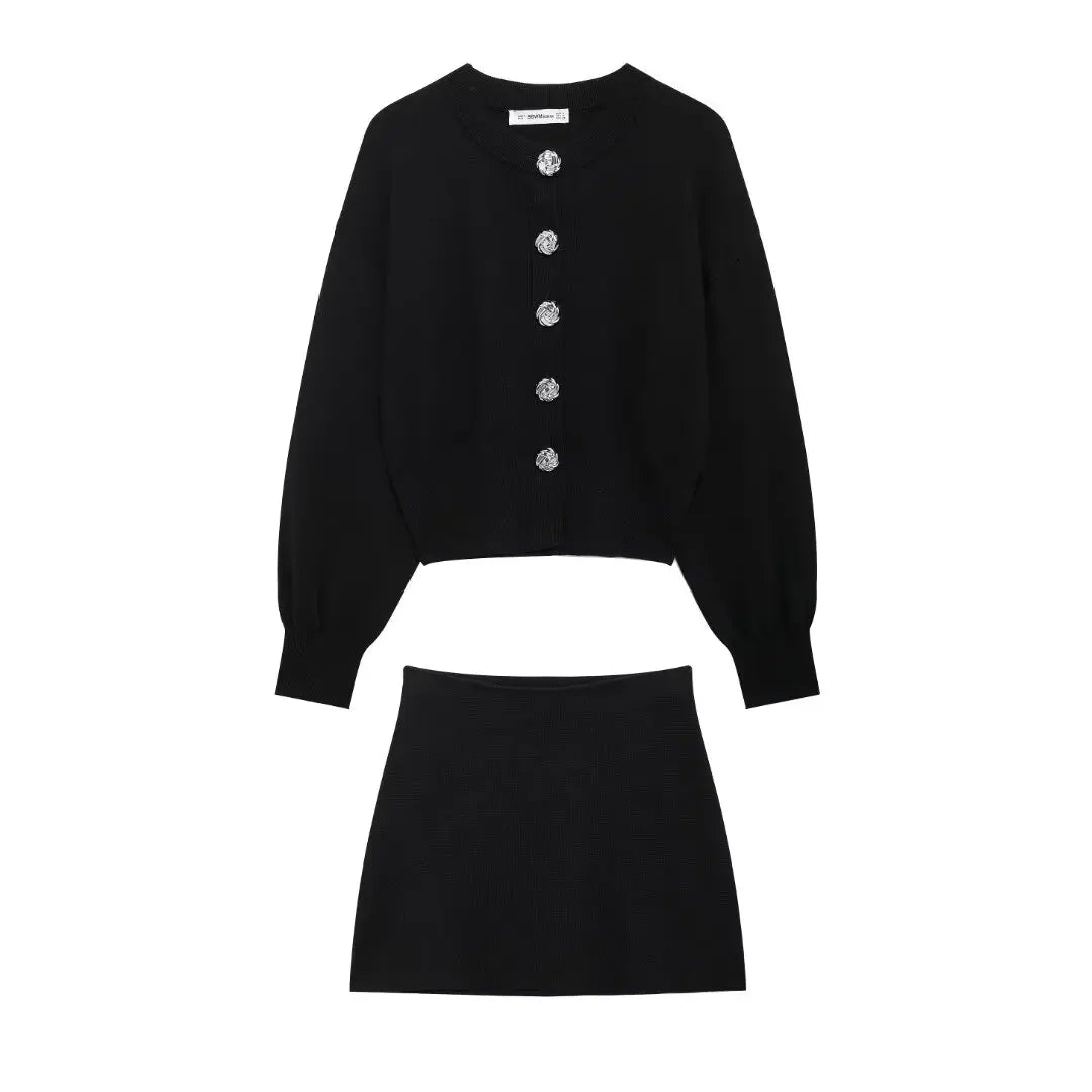 Zweiteiler Damen – Retro Strickjacke & Minirock im Slim Fit